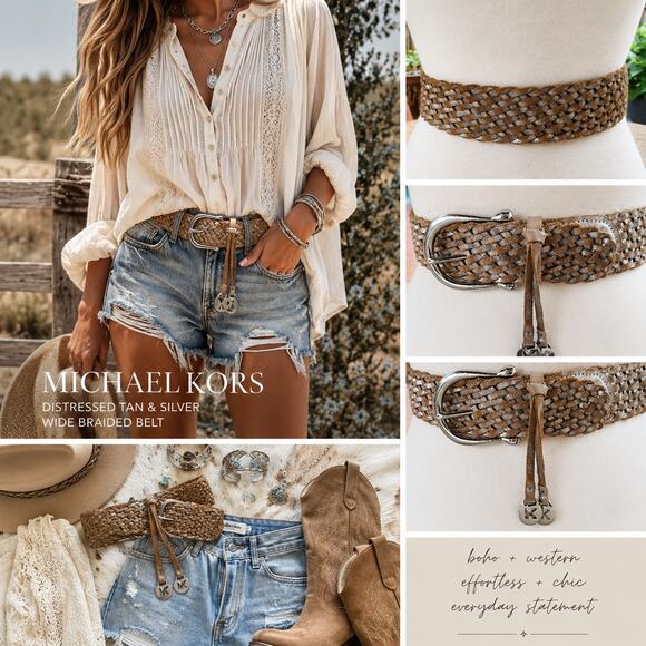 Michael Kors Distressed Braided Leather Belt Wide Western Boho Silver Charm L main image 11